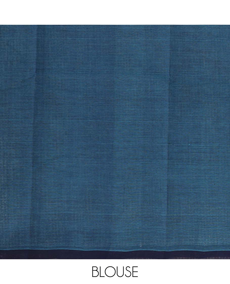 Blue plain Mangalagiri cotton saree, contrast plain border, striped pallu, and a striped blouse - Image 3