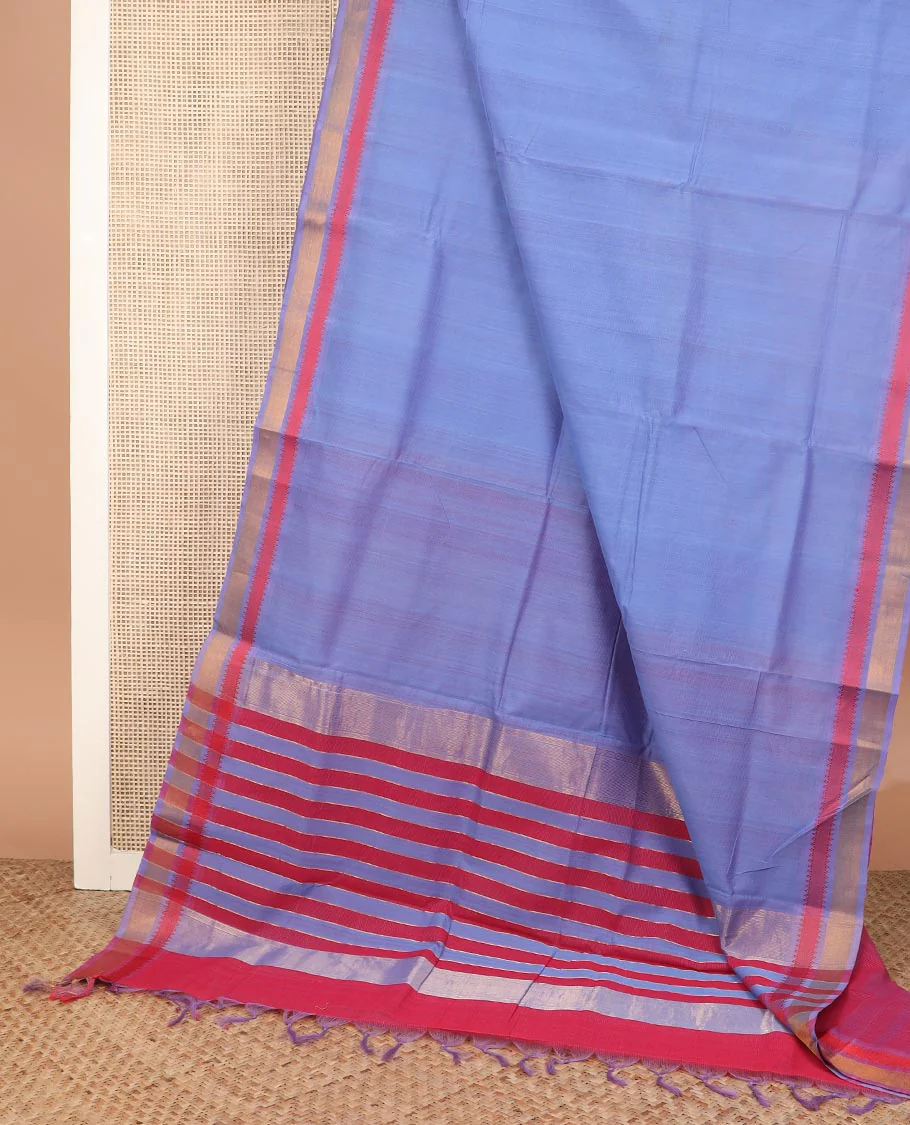 Blue plain Mangalagiri cotton saree with zari border, and striped pallu - Image 2