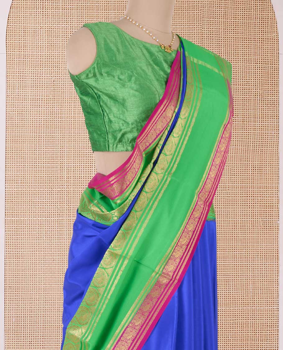 Blue plain Mysore silk saree, contrast traditional zari rettai pettu border, and zari striped pallu - Image 3