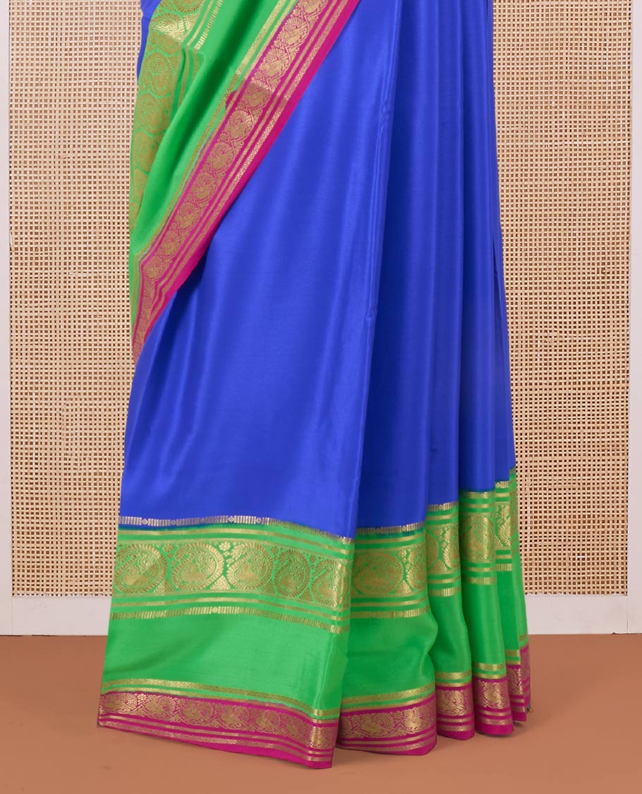 Blue plain Mysore silk saree, contrast traditional zari rettai pettu border, and zari striped pallu - Image 4