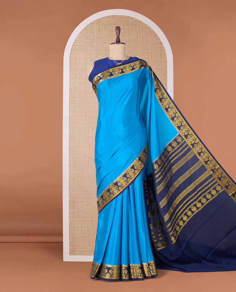 Blue plain Mysore silk saree, contrast two-headed eagle border, and pallu of traditional designs - Image 2
