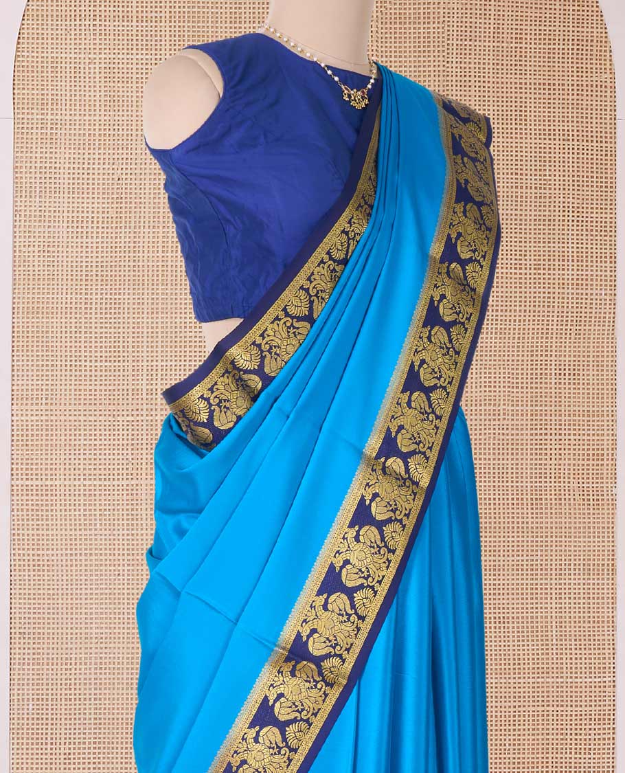 Blue plain Mysore silk saree, contrast two-headed eagle border, and pallu of traditional designs - Image 3