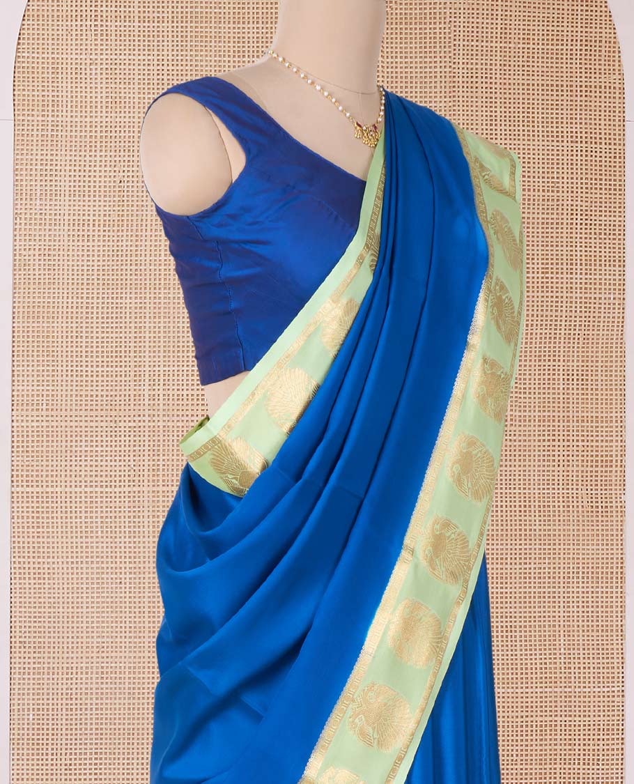 Blue plain Mysore silk saree, contrast two-headed eagle motifs zari woven border, and intricate pallu - Image 3