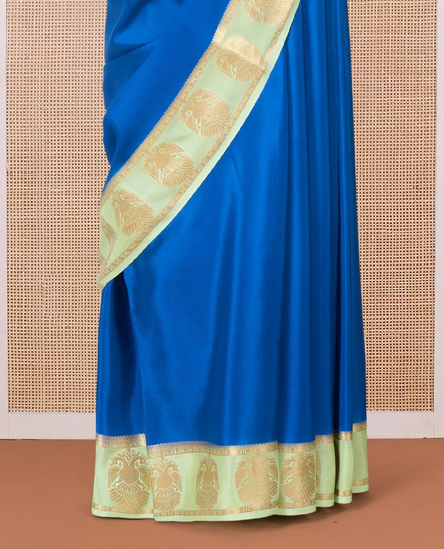 Blue plain Mysore silk saree, contrast two-headed eagle motifs zari woven border, and intricate pallu - Image 4