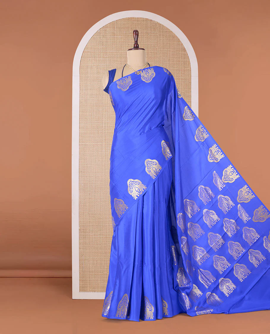 Blue plain Mysore silk saree, elephant motifs woven border, and pallu steeped with elephant motifs - Image 2