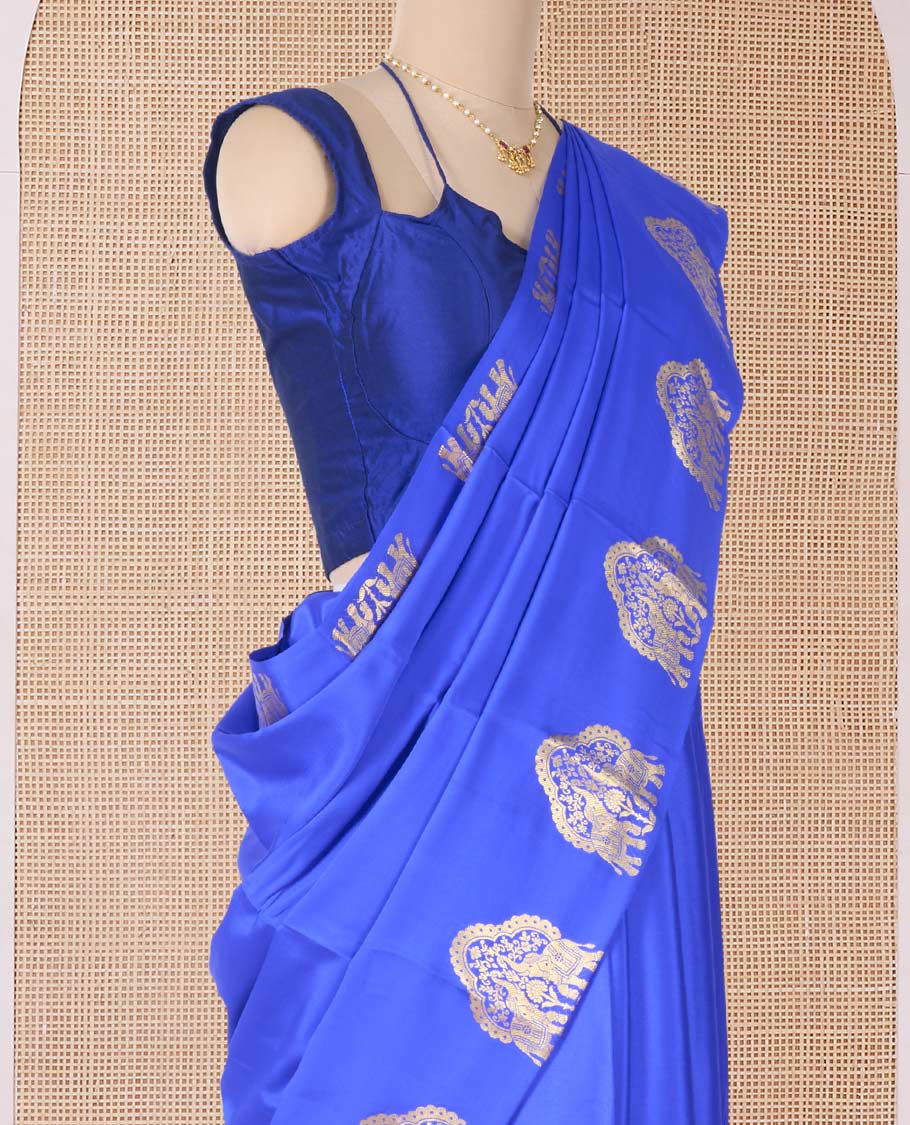 Blue plain Mysore silk saree, elephant motifs woven border, and pallu steeped with elephant motifs - Image 3