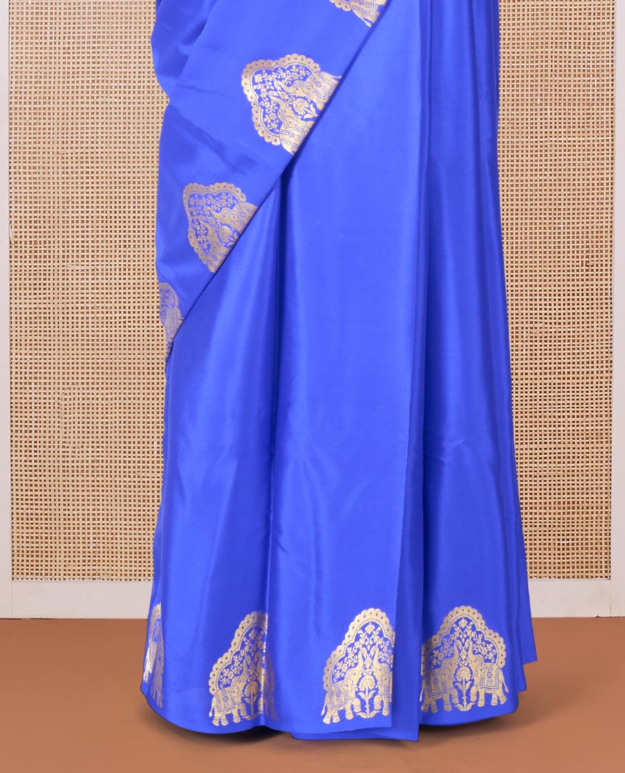 Blue plain Mysore silk saree, elephant motifs woven border, and pallu steeped with elephant motifs - Image 4