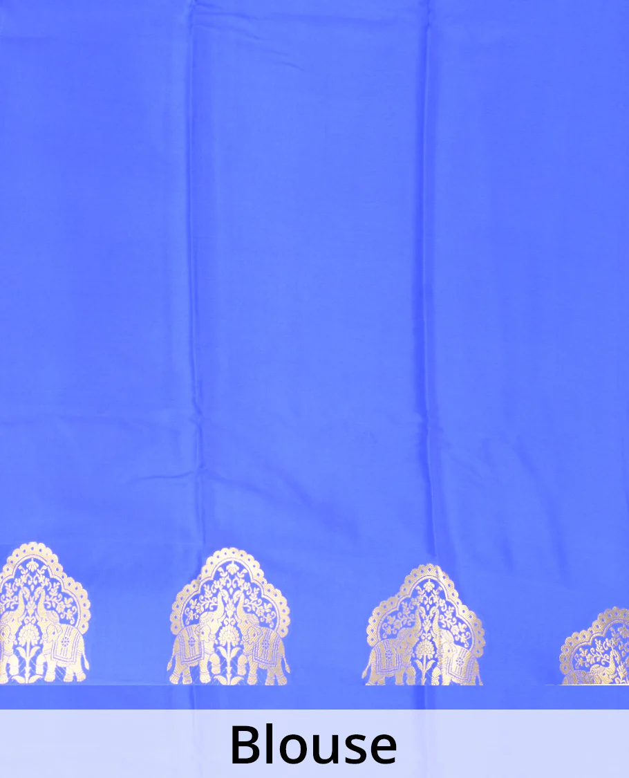 Blue plain Mysore silk saree, elephant motifs woven border, and pallu steeped with elephant motifs - Image 5