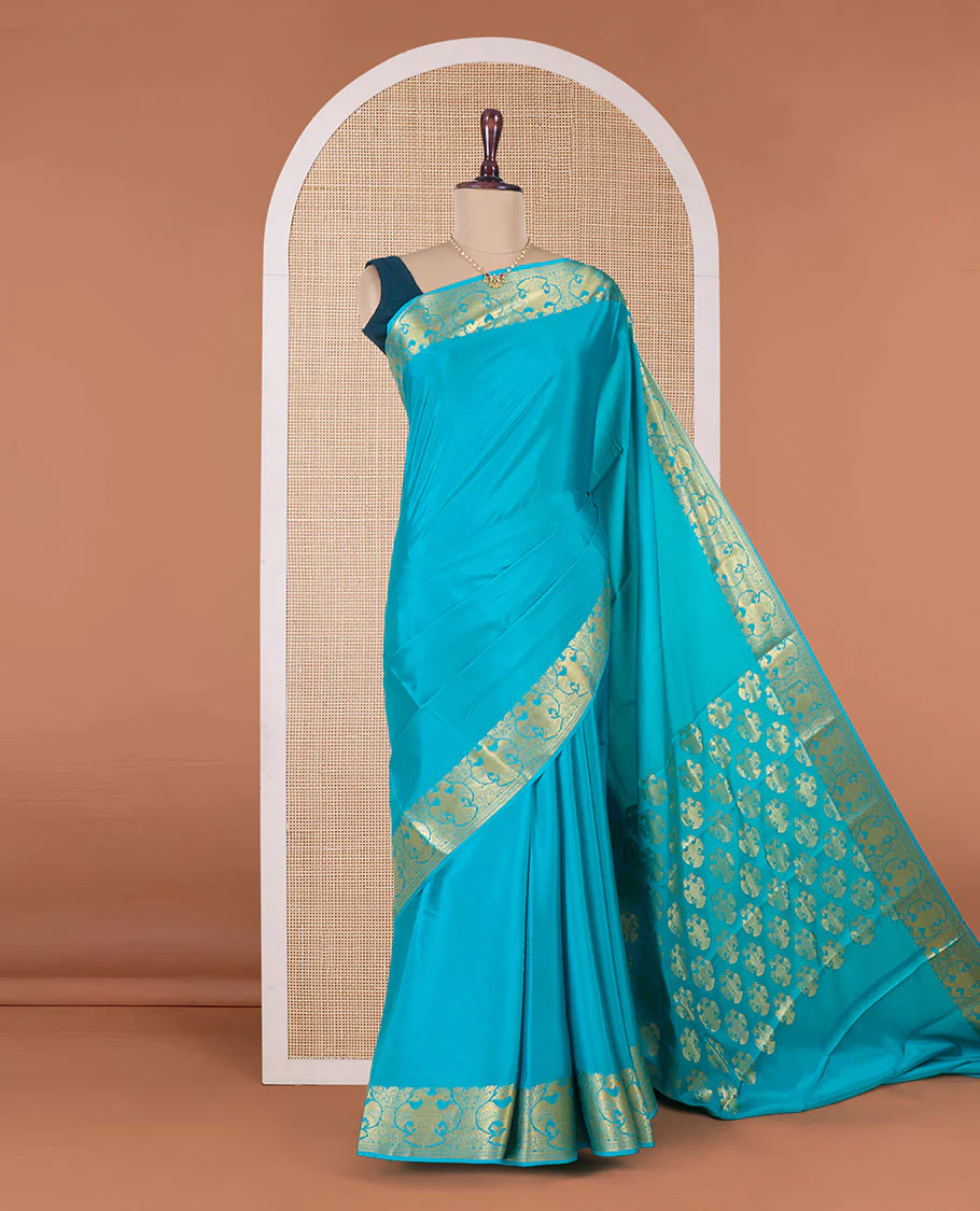 Blue plain Mysore silk saree, two-headed eagle motifs zari border, and pallu - Image 2