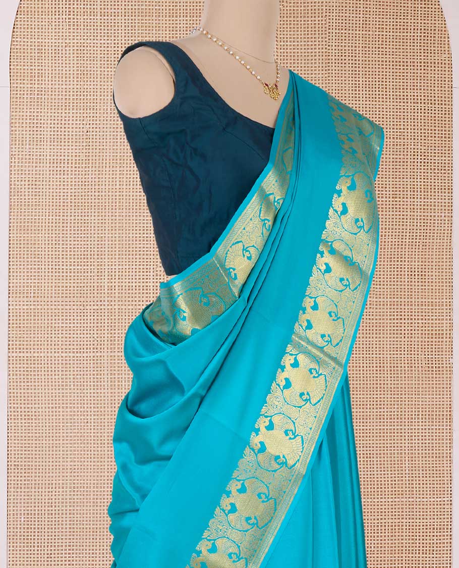Blue plain Mysore silk saree, two-headed eagle motifs zari border, and pallu - Image 3