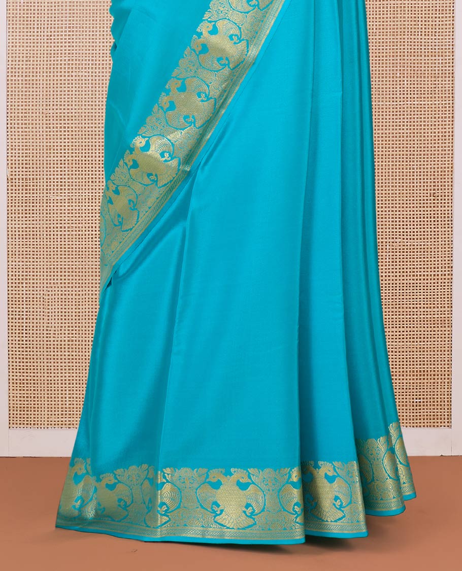 Blue plain Mysore silk saree, two-headed eagle motifs zari border, and pallu - Image 4