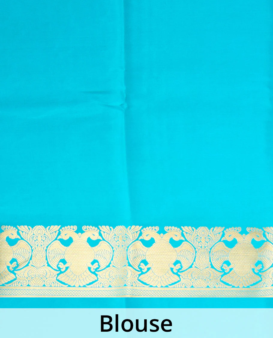 Blue plain Mysore silk saree, two-headed eagle motifs zari border, and pallu - Image 5