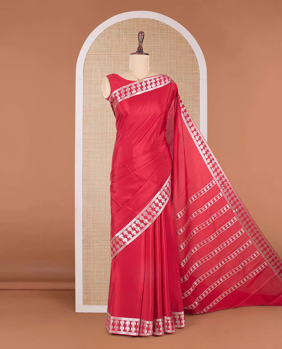 Red plain Mysore silk saree, two-headed eagle zari woven border, and pallu of two-headed eagle motifs - Image 2