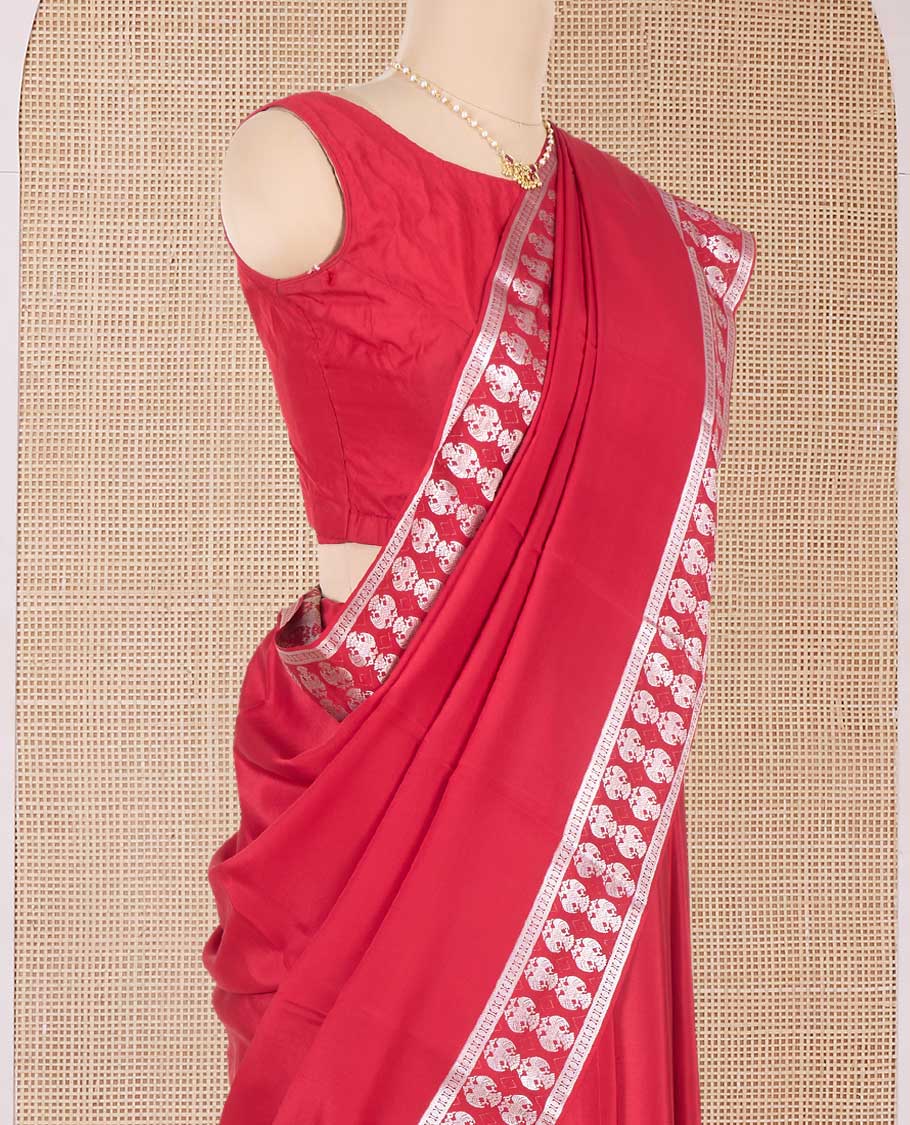 Red plain Mysore silk saree, two-headed eagle zari woven border, and pallu of two-headed eagle motifs - Image 3