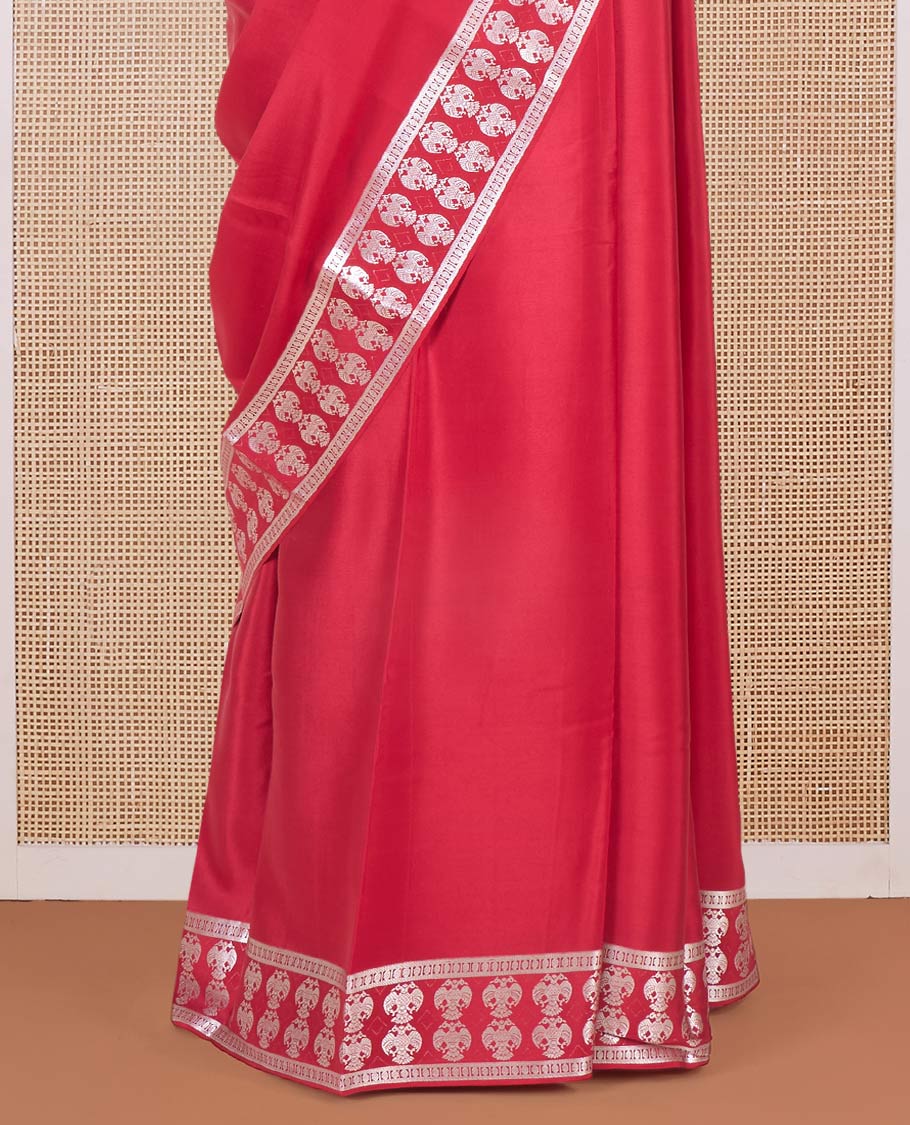 Red plain Mysore silk saree, two-headed eagle zari woven border, and pallu of two-headed eagle motifs - Image 4