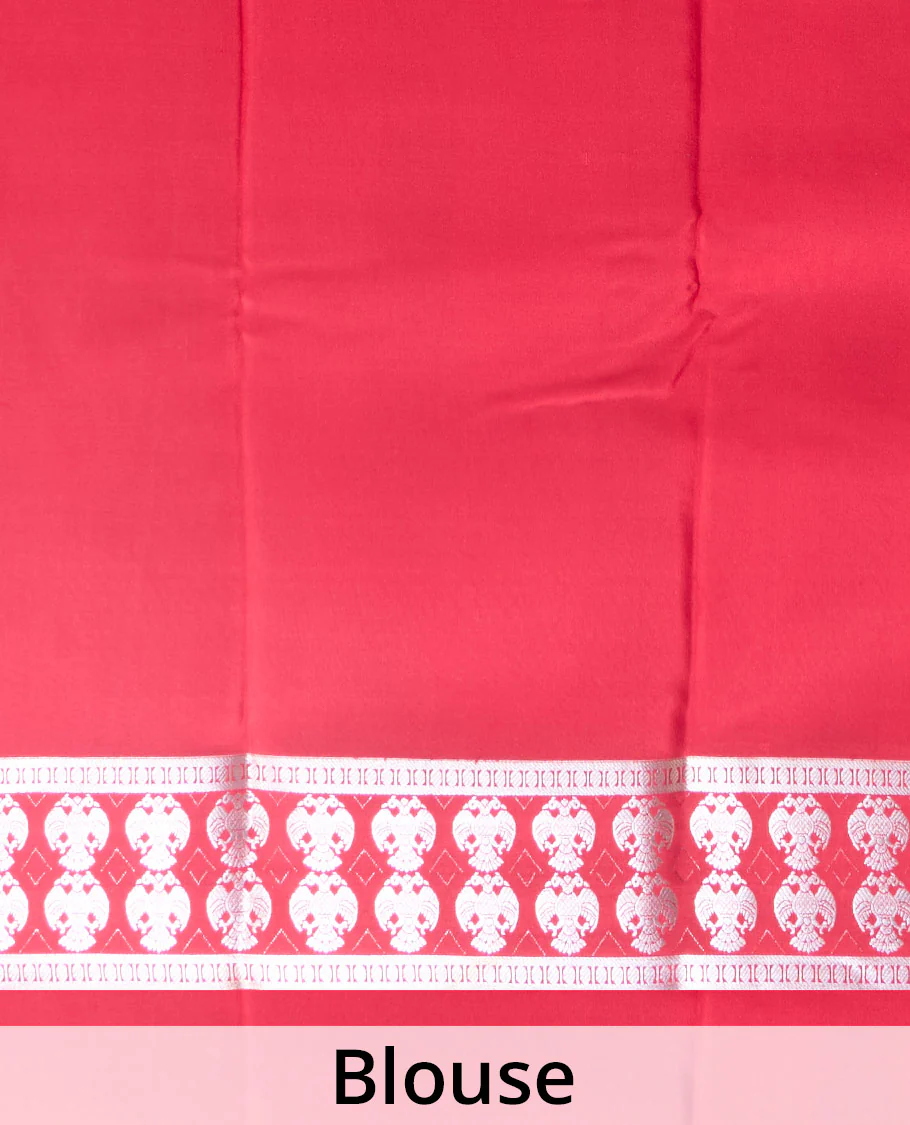 Red plain Mysore silk saree, two-headed eagle zari woven border, and pallu of two-headed eagle motifs - Image 5