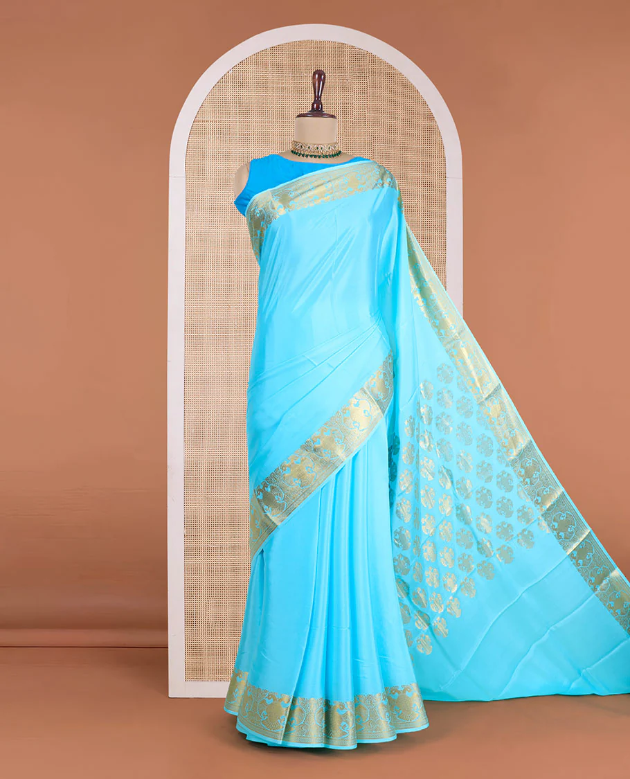 Blue plain Mysore silk saree, zari border of two-headed eagle motifs, and pallu steeped with two-headed eagle motifs - Image 2