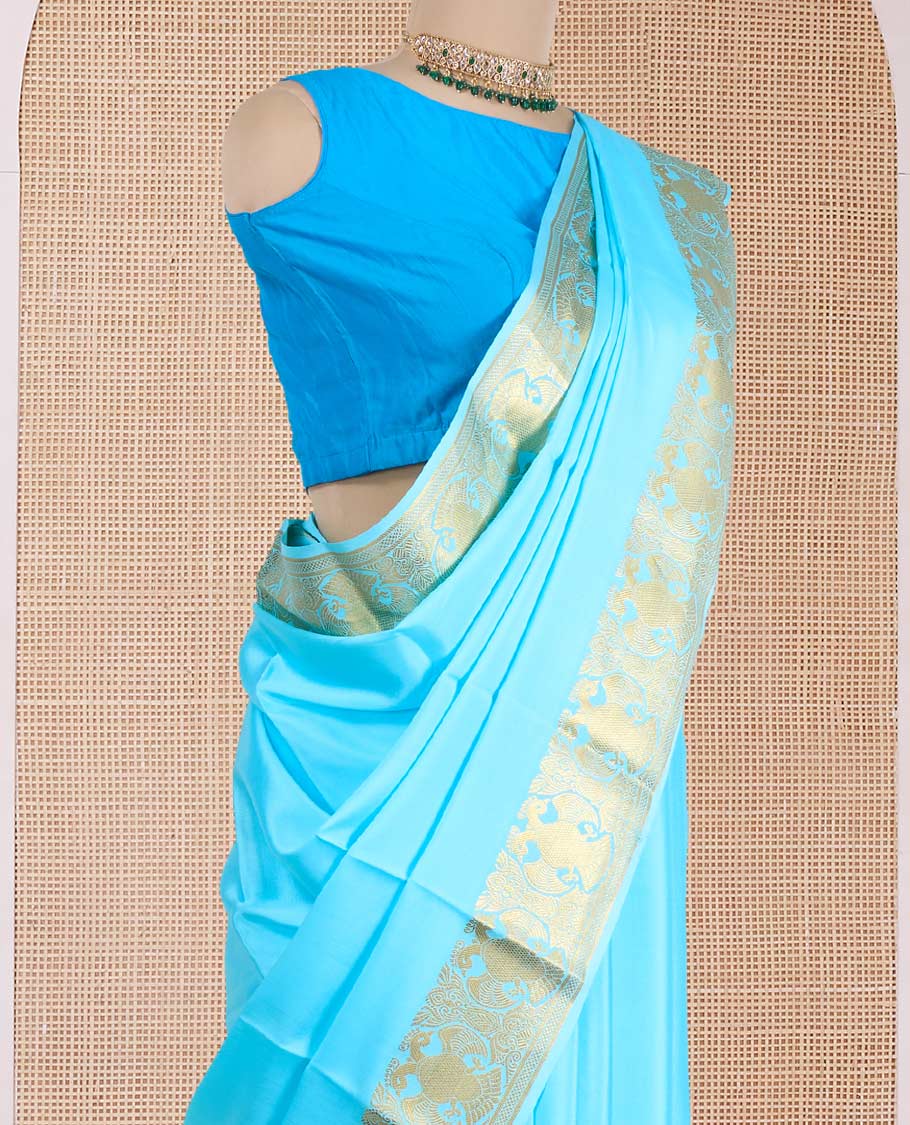 Blue plain Mysore silk saree, zari border of two-headed eagle motifs, and pallu steeped with two-headed eagle motifs - Image 3