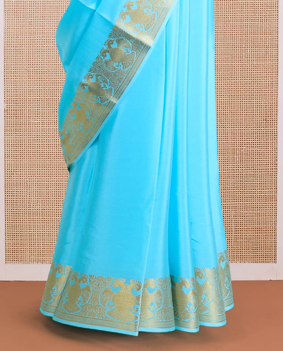 Blue plain Mysore silk saree, zari border of two-headed eagle motifs, and pallu steeped with two-headed eagle motifs - Image 4