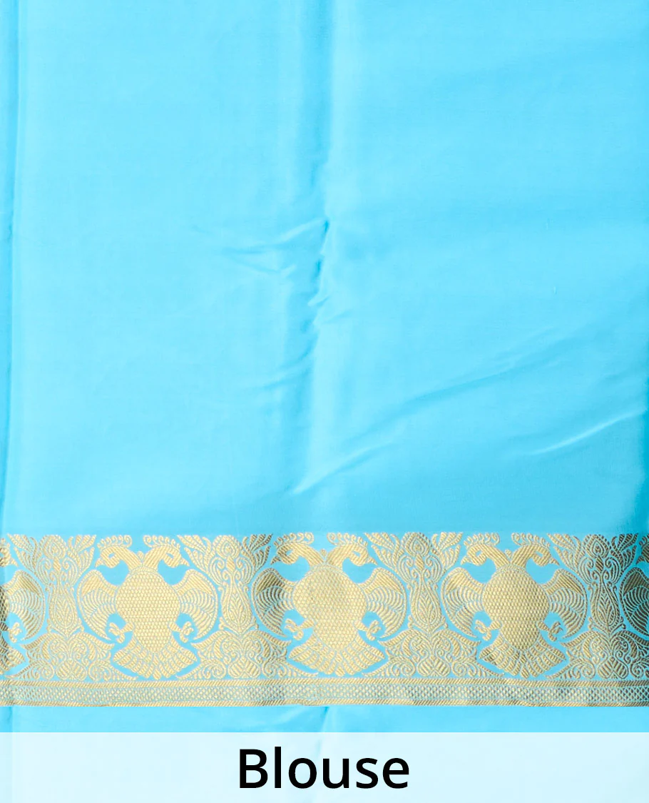 Blue plain Mysore silk saree, zari border of two-headed eagle motifs, and pallu steeped with two-headed eagle motifs - Image 5
