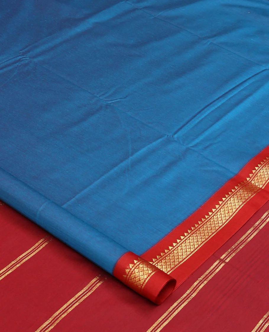 Blue plain nine-yard cotton saree, contrast temple traditional zari border, and striped pallu