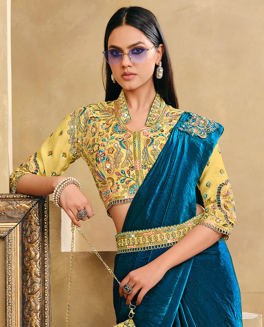 Blue Plain Party Wear Designer Saree, Complemented with a Contrast Collared Neck Heavy Embroidered 3/4th Sleeve Readymade Blouse, Detachable Embroidered Belt, and a Free Embroidered Flap Sling Bag - Image 2