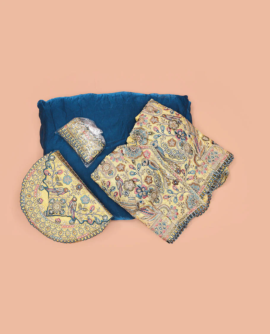 Blue Plain Party Wear Designer Saree, Complemented with a Contrast Collared Neck Heavy Embroidered 3/4th Sleeve Readymade Blouse, Detachable Embroidered Belt, and a Free Embroidered Flap Sling Bag - Image 3