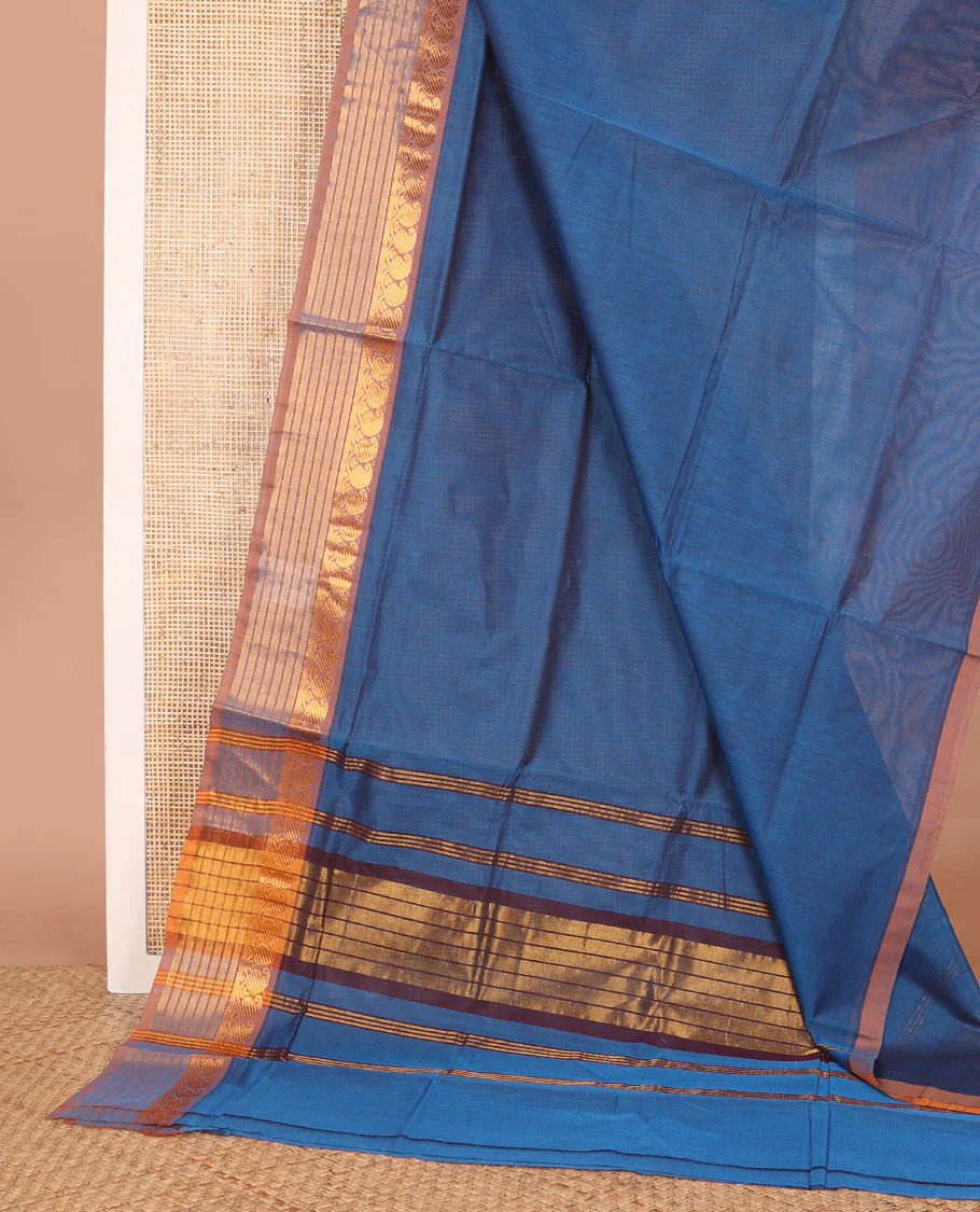 Blue plain Venkatagiri cotton saree, contrast traditional zari border of paisleys, and striped pallu - Image 2