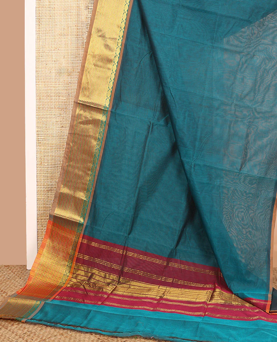 Blue plain Venkatagiri cotton saree with contrast traditional zari border, and pallu of zari stripes - Image 2