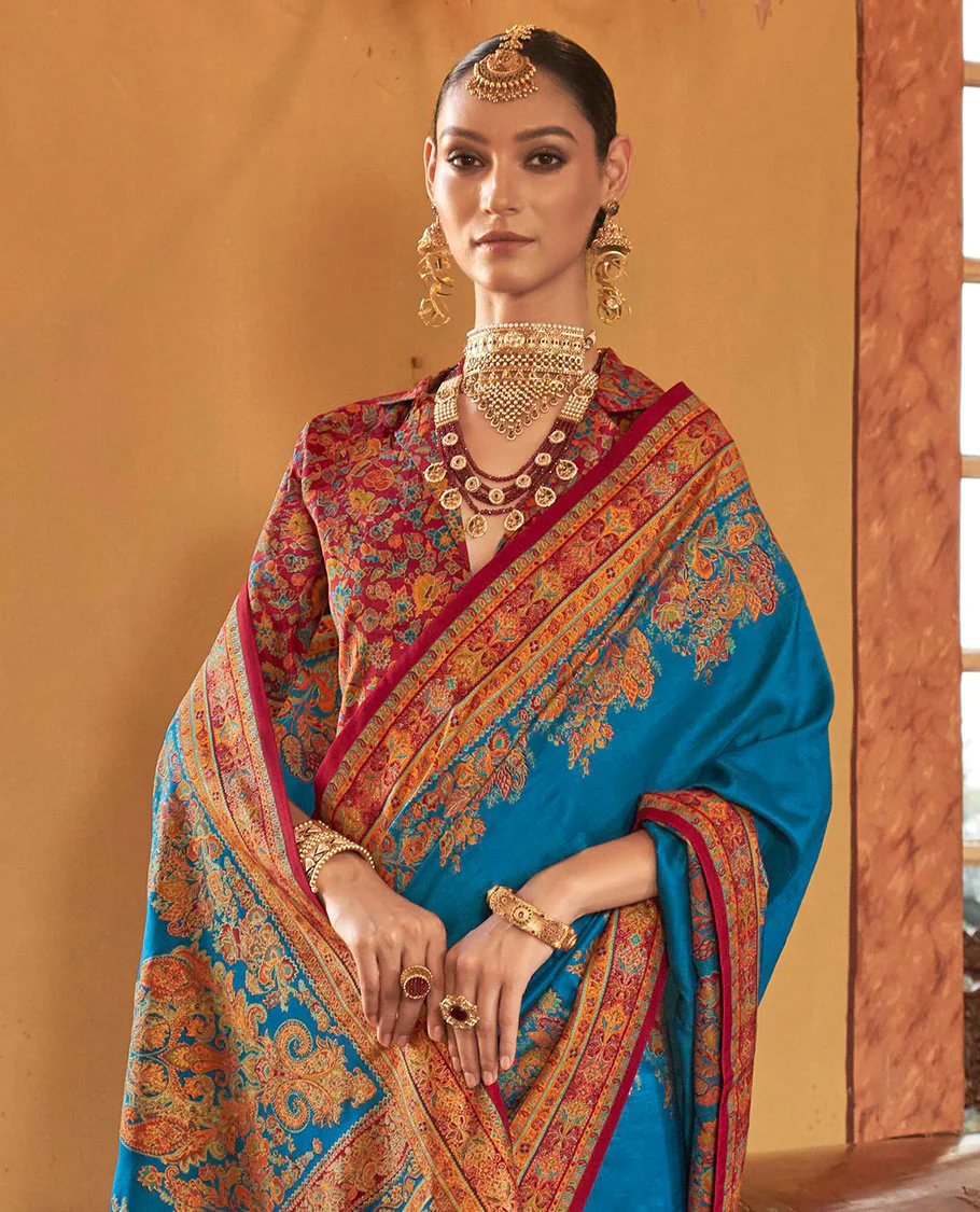 Blue plain with meenakari-style floral-paisleys printed designer saree, contrast floral-paisleys Mughal-style printed border, and pallu - Image 2