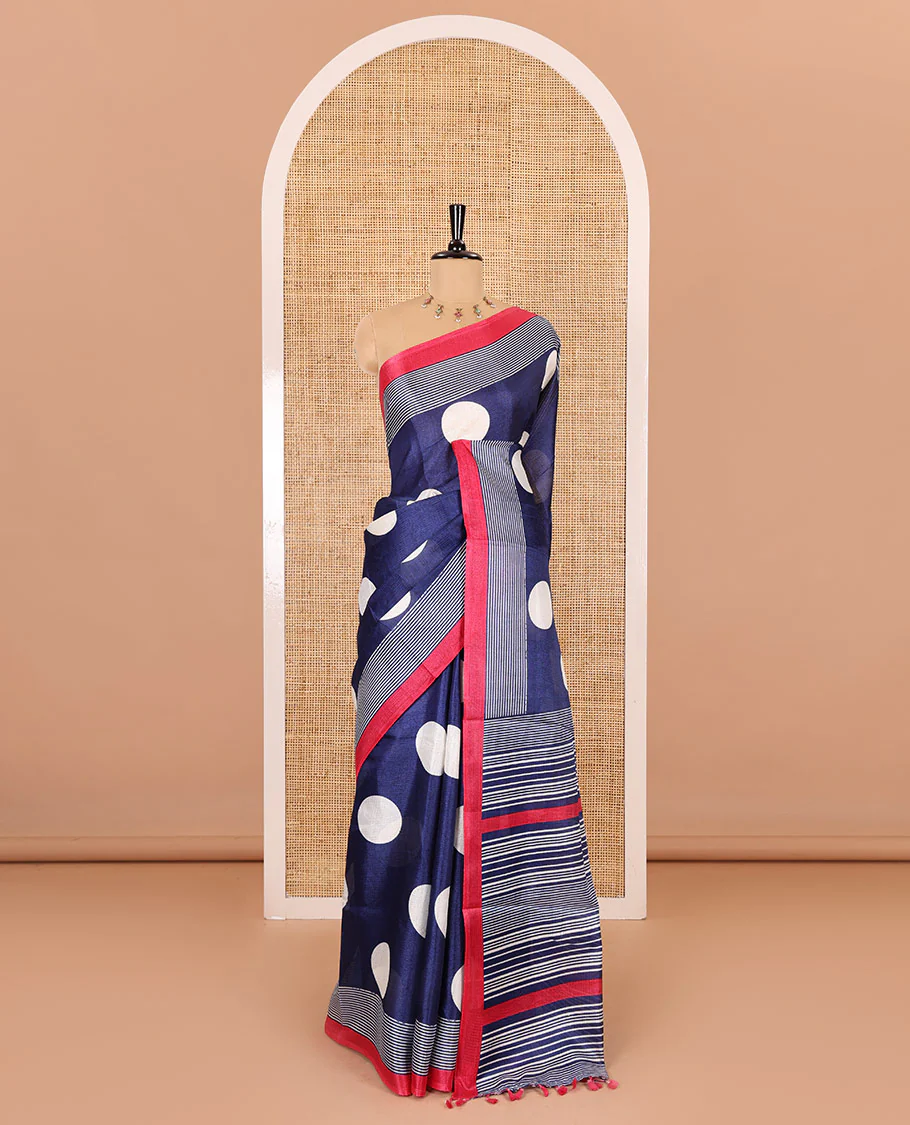 Blue polka dots printed art khadi cotton saree, contrast striped border, striped pallu, and a contrast striped blouse - Image 2