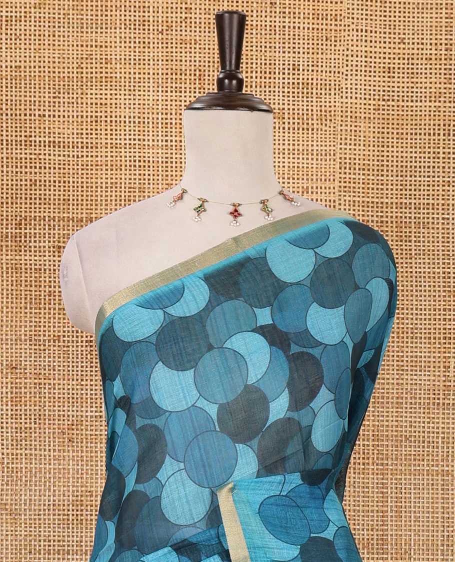 Blue polka dots printed linen cotton saree, piping border, kalamkari floral-peacock printed pallu & small polka dots printed blouse - Image 3