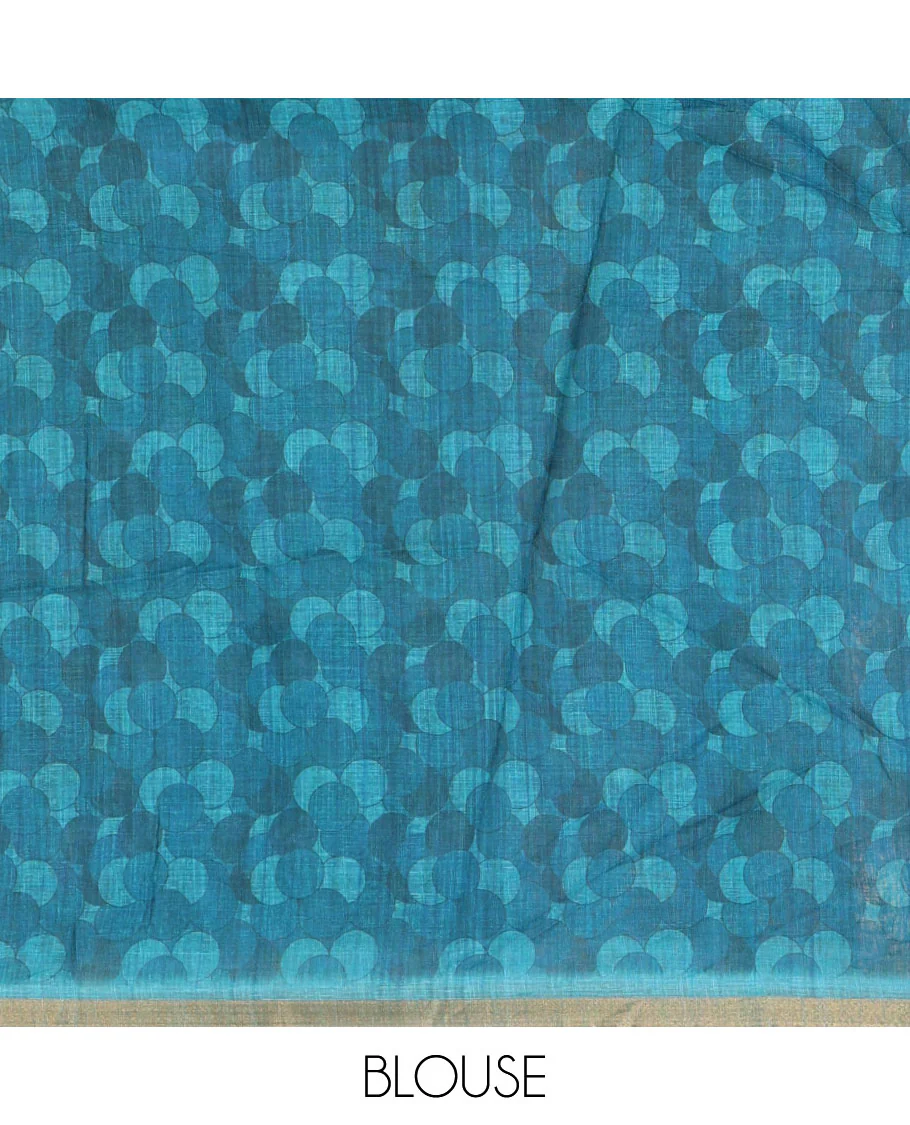 Blue polka dots printed linen cotton saree, piping border, kalamkari floral-peacock printed pallu & small polka dots printed blouse - Image 4