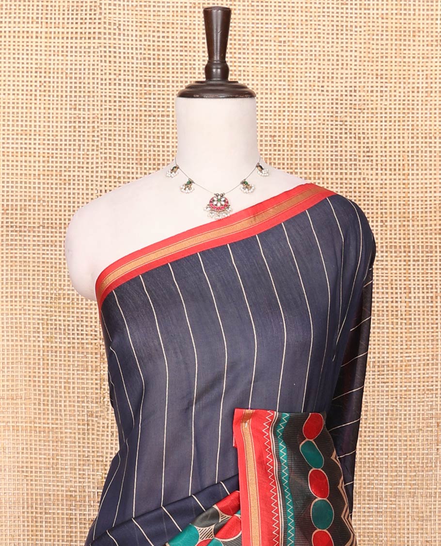 Blue Printed Silk Saree Subtly Imaged With Vertical Stripes On Its Body, Complemented By A Contrast Geometric Motif Printed Border, Pallu Steeped With Geometric Motif Print, And A Contrast Blouse - Image 2