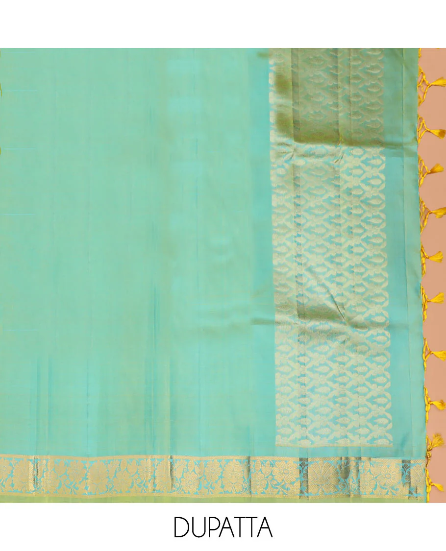 Blue Pure Silk Half-Saree Adorned with Zari Buttas Enclosed in Checks on the Skirt, Complemented by a Contrast Border Featuring Thilakam Mokku, Arumbu Manga, and Mayil Kann Designs, Paired with a Contrast Blouse, and a Jaal Design Dhavani - Image 5
