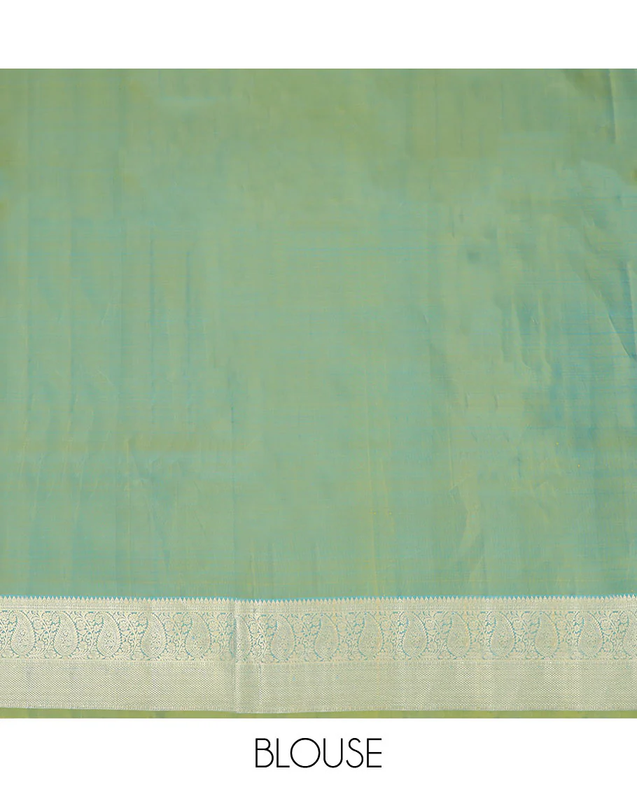 Blue Pure Silk Half-Saree Adorned with Zari Buttas Enclosed in Checks on the Skirt, Complemented by a Contrast Border Featuring Thilakam Mokku, Arumbu Manga, and Mayil Kann Designs, Paired with a Contrast Blouse, and a Jaal Design Dhavani - Image 6