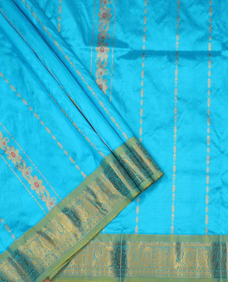 Blue Pure Silk Half-Saree Beautified with Floral Zari Designs on the Skirt, Complemented by a Contrast Zari-Design Border, Paired with a Contrast Blouse, and Featuring a Jaal-Designed Dhavani - Image 2