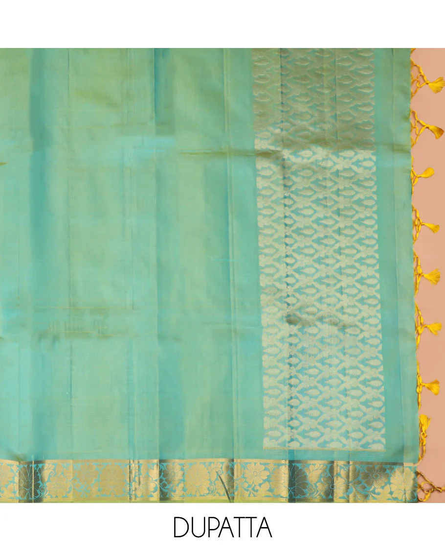 Blue Pure Silk Half-Saree Beautified with Floral Zari Designs on the Skirt, Complemented by a Contrast Zari-Design Border, Paired with a Contrast Blouse, and Featuring a Jaal-Designed Dhavani - Image 5