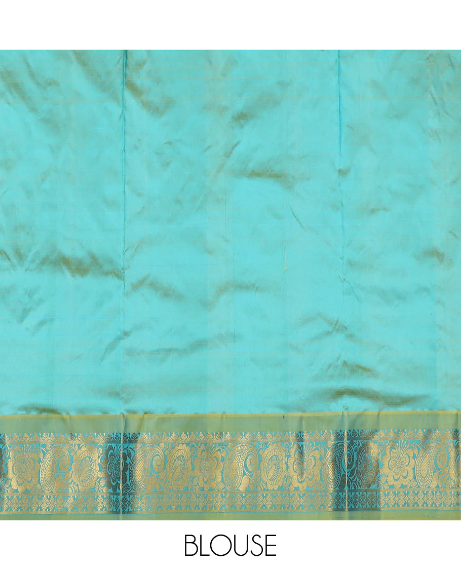 Blue Pure Silk Half-Saree Beautified with Floral Zari Designs on the Skirt, Complemented by a Contrast Zari-Design Border, Paired with a Contrast Blouse, and Featuring a Jaal-Designed Dhavani - Image 6