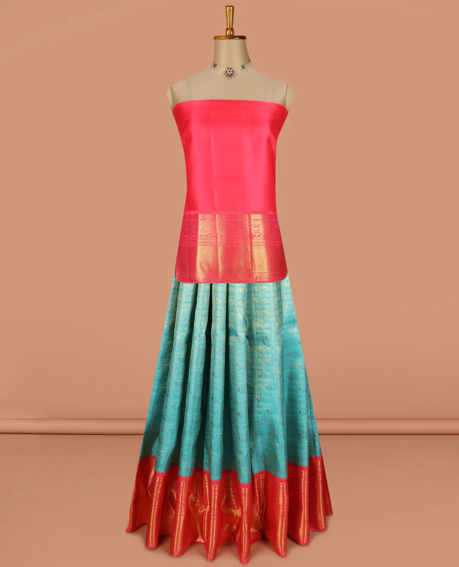 Blue pure silk half saree, mayil chakram enclosed checked skirt, contrast border and blouse of kodi visiry, neli, muthu, lavangam, and jaal, and intricate dhavani - Image 2