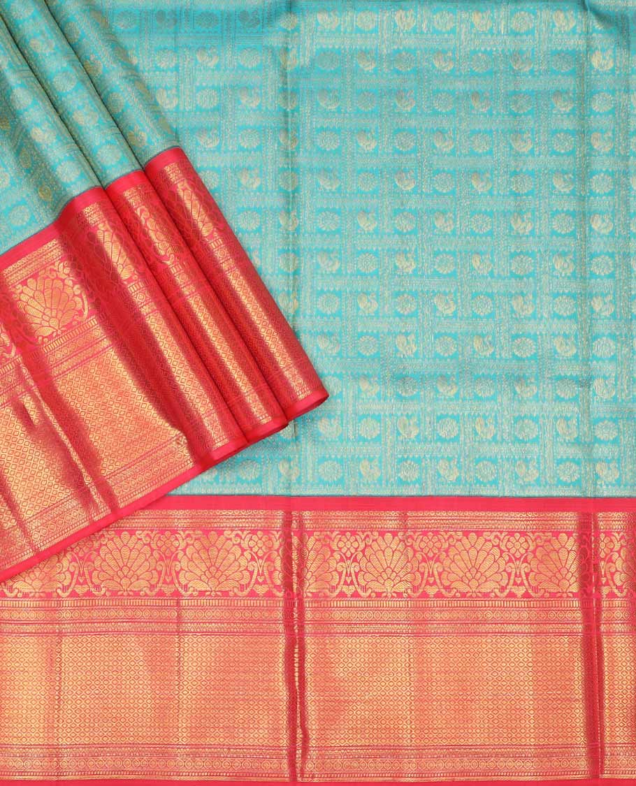 Blue pure silk half saree, mayil chakram enclosed checked skirt, contrast border and blouse of kodi visiry, neli, muthu, lavangam, and jaal, and intricate dhavani - Image 3