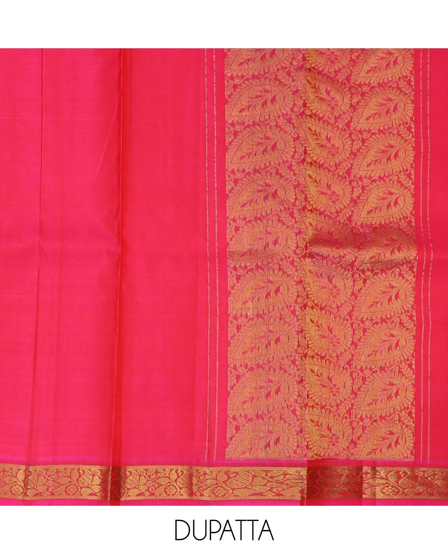 Blue pure silk half saree, mayil chakram enclosed checked skirt, contrast border and blouse of kodi visiry, neli, muthu, lavangam, and jaal, and intricate dhavani - Image 5