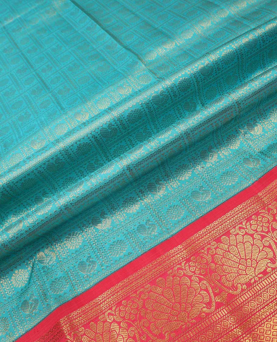 Blue pure silk half saree, mayil chakram enclosed checked skirt, contrast border and blouse of kodi visiry, neli, muthu, lavangam, and jaal, and intricate dhavani - Image 6