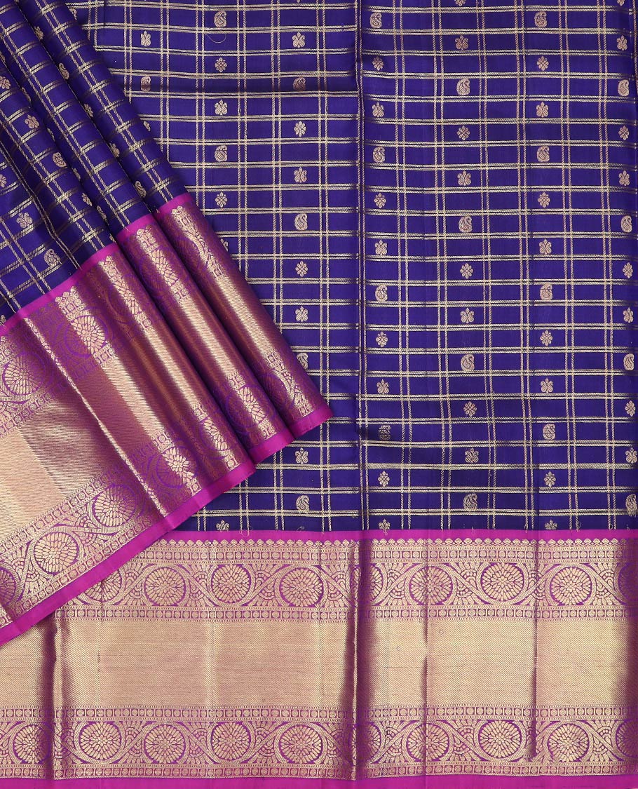 Blue pure-silk half-saree, zari butta enclosed checked with contrast dhavana kodi bordered skirt, contrast zari design blouse, and floral scallop design dhavani - Image 2