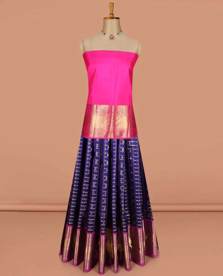Blue pure-silk half-saree, zari butta enclosed checked with contrast dhavana kodi bordered skirt, contrast zari design blouse, and floral scallop design dhavani - Image 3