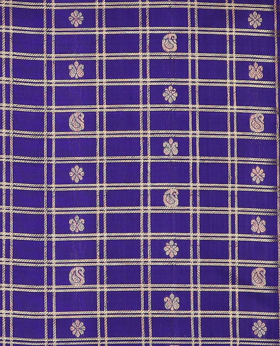 Blue pure-silk half-saree, zari butta enclosed checked with contrast dhavana kodi bordered skirt, contrast zari design blouse, and floral scallop design dhavani - Image 4