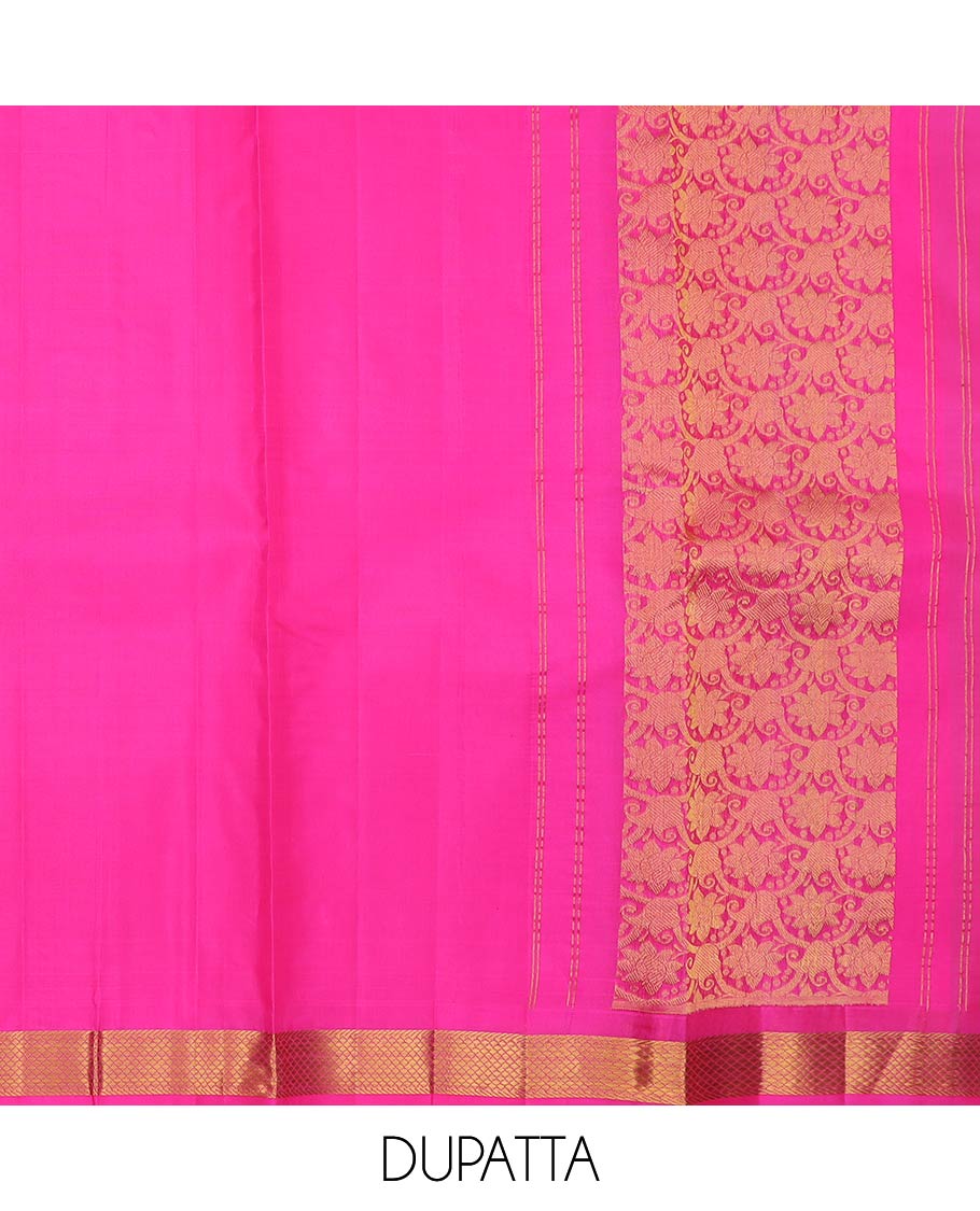 Blue pure-silk half-saree, zari butta enclosed checked with contrast dhavana kodi bordered skirt, contrast zari design blouse, and floral scallop design dhavani - Image 5