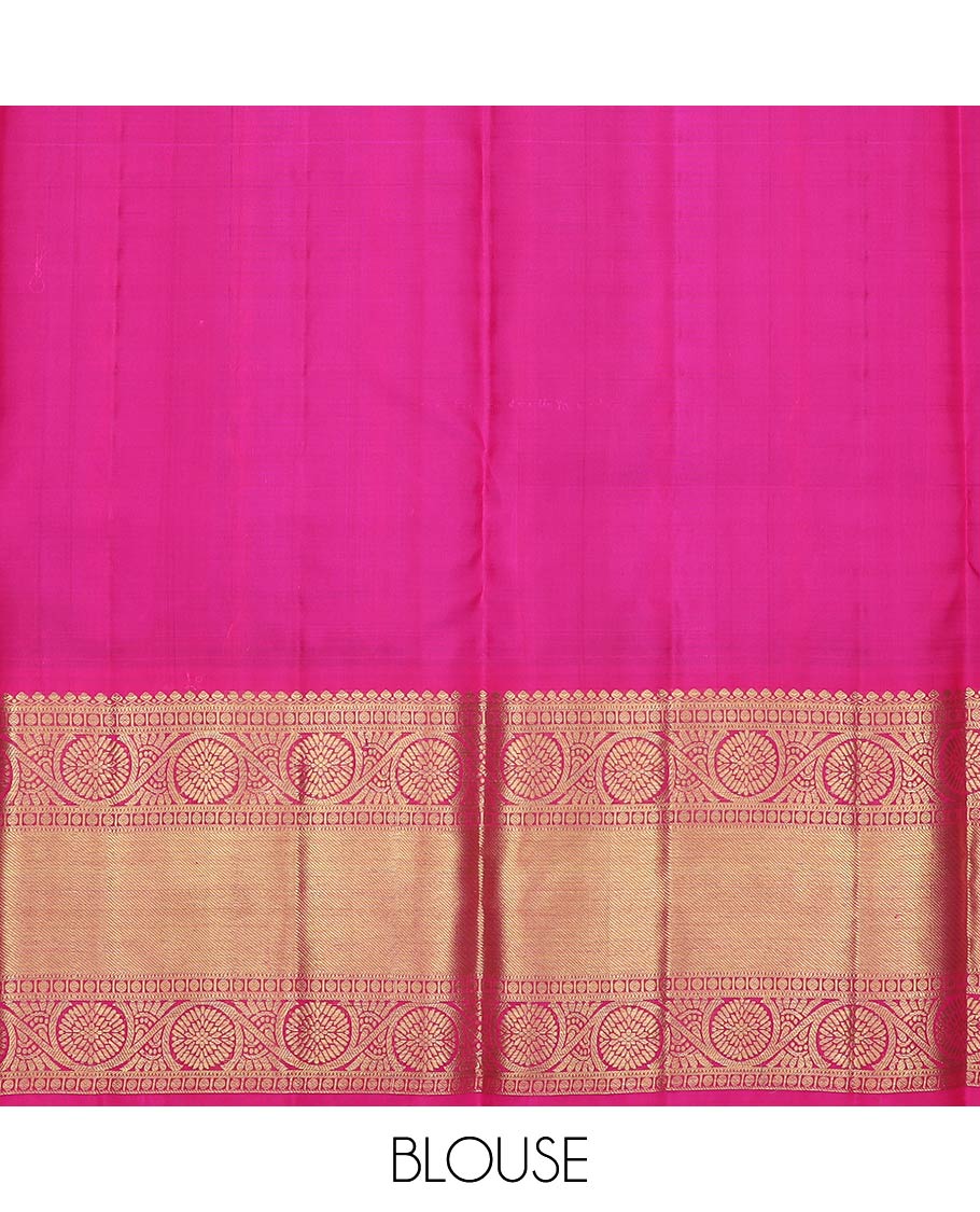 Blue pure-silk half-saree, zari butta enclosed checked with contrast dhavana kodi bordered skirt, contrast zari design blouse, and floral scallop design dhavani - Image 6