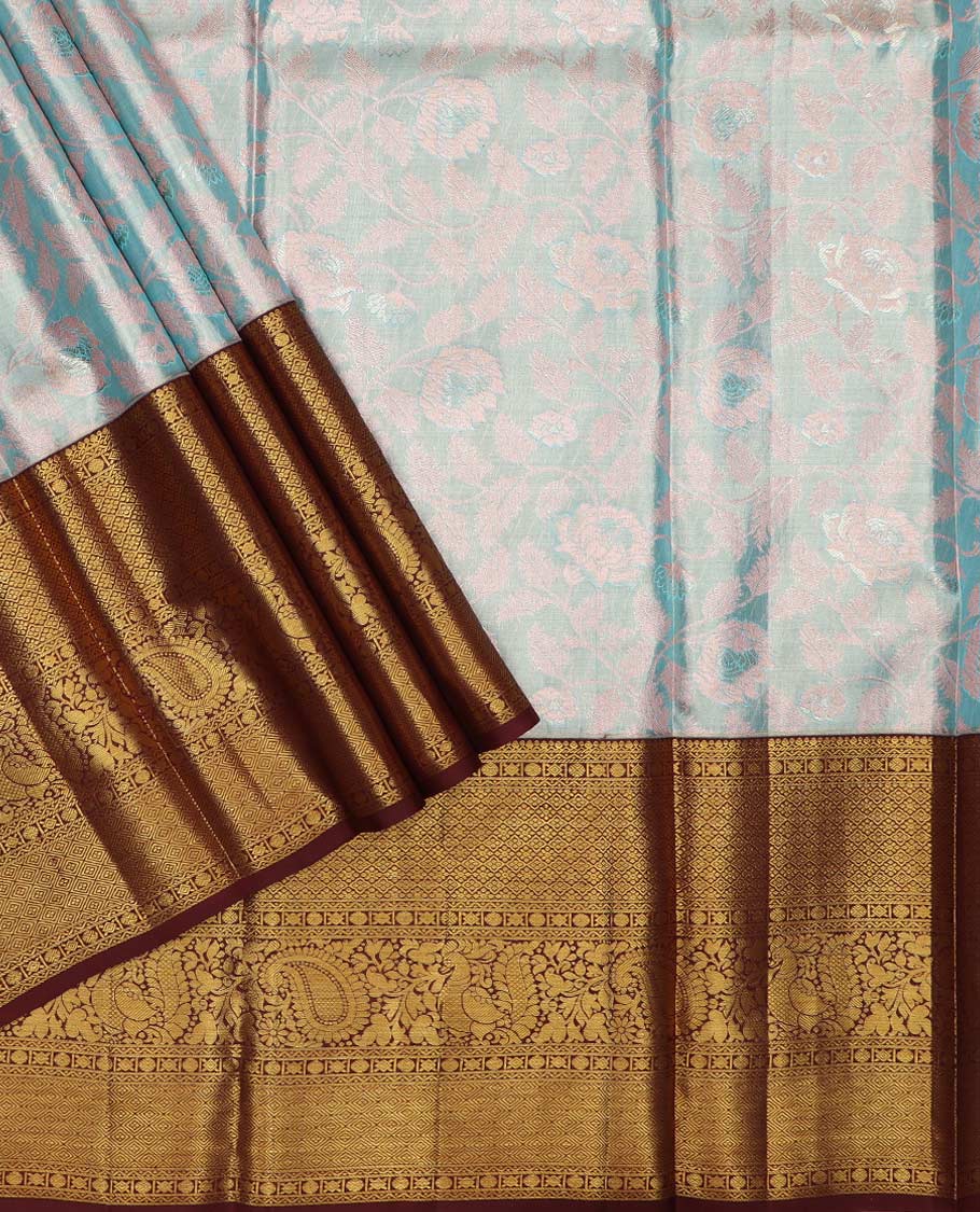 Blue puresilk halfsaree, floral jaal jacquard skirt, contrast blouse, and border of salngai,neli,poun,jaal,manga and jaal, and dhavani of embossed with zari weave - Image 2