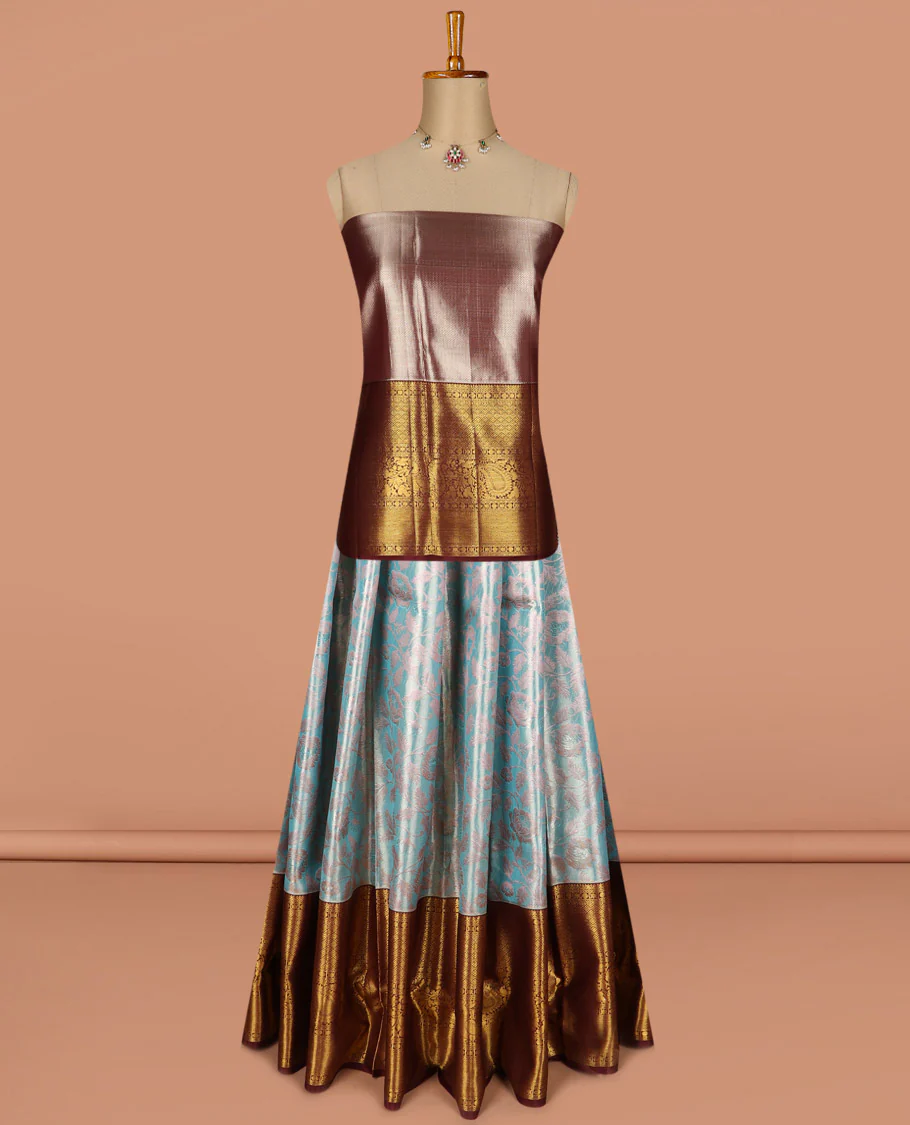Blue puresilk halfsaree, floral jaal jacquard skirt, contrast blouse, and border of salngai,neli,poun,jaal,manga and jaal, and dhavani of embossed with zari weave - Image 3